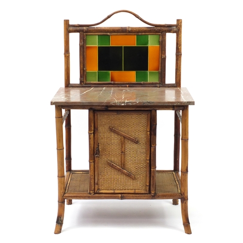 2088 - Aesthetic bamboo wash stand with tiled back and marble top above a cupboard, 121cm H x 77cm W x 49cm... 