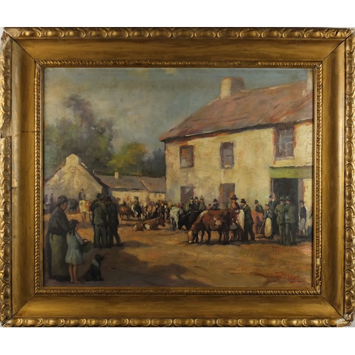 2221 - Manner of Frank McKelvey - Figures at a cattle market, Irish school oil on board, framed, 52cm x 43c... 
