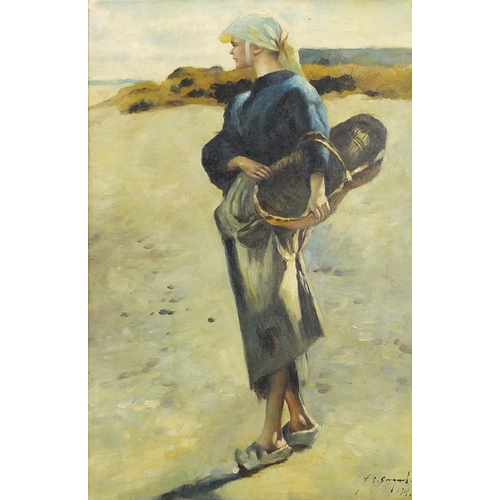 2184 - Female holding a basket on the beach, Dutch school oil on board, bearing an indistinct signature, fr... 