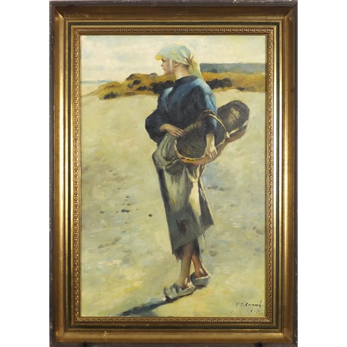 2184 - Female holding a basket on the beach, Dutch school oil on board, bearing an indistinct signature, fr... 