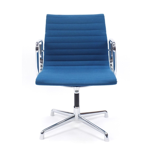 2063 - Charles and Ray Eames EA107 design desk chair with turquoise upholstery, 82cm high