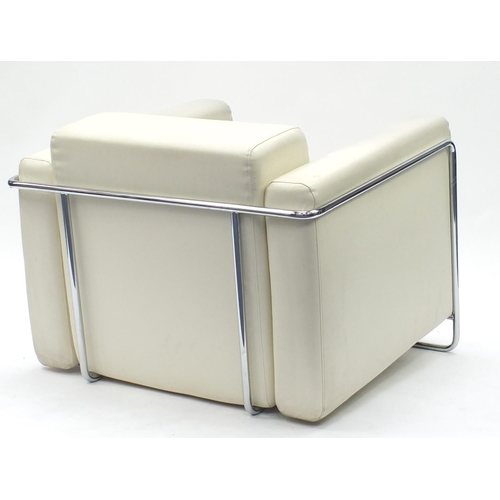 2087 - Contemporary cream faux leather and chrome framed armchair, 71cm H x 90cm W x 85cm D