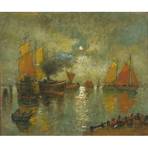 2373 - Boats on moonlit water, impressionist oil on board, bearing a signature Scools, framed, 35cm x 29cm