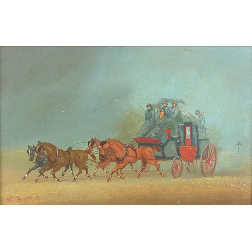 2364 - Figures and stagecoaches, pair of oil on boards, each bearing a signature Rowland, framed, each 26.5... 