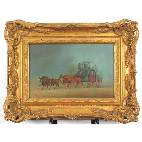 2364 - Figures and stagecoaches, pair of oil on boards, each bearing a signature Rowland, framed, each 26.5... 