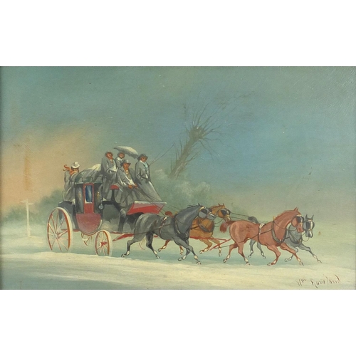 2364 - Figures and stagecoaches, pair of oil on boards, each bearing a signature Rowland, framed, each 26.5... 