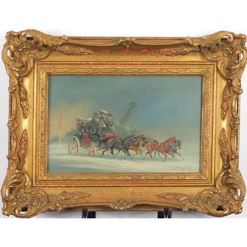 2364 - Figures and stagecoaches, pair of oil on boards, each bearing a signature Rowland, framed, each 26.5... 