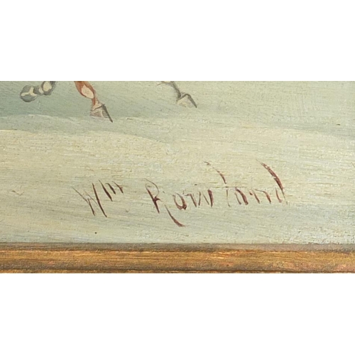 2364 - Figures and stagecoaches, pair of oil on boards, each bearing a signature Rowland, framed, each 26.5... 