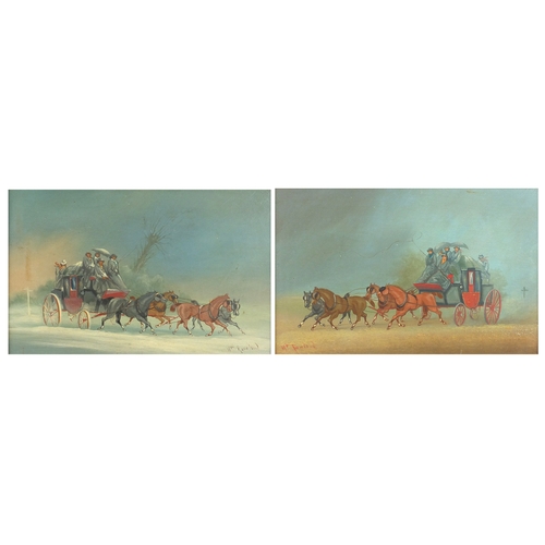 2364 - Figures and stagecoaches, pair of oil on boards, each bearing a signature Rowland, framed, each 26.5... 