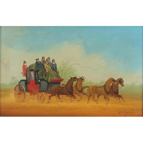 2365 - Figures and stagecoaches, pair of oil on boards, each bearing a signature Rowland, framed, each 26.5... 