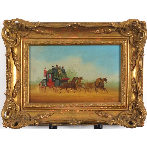 2365 - Figures and stagecoaches, pair of oil on boards, each bearing a signature Rowland, framed, each 26.5... 