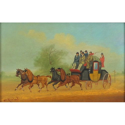 2365 - Figures and stagecoaches, pair of oil on boards, each bearing a signature Rowland, framed, each 26.5... 