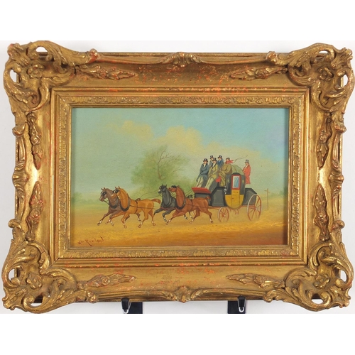 2365 - Figures and stagecoaches, pair of oil on boards, each bearing a signature Rowland, framed, each 26.5... 