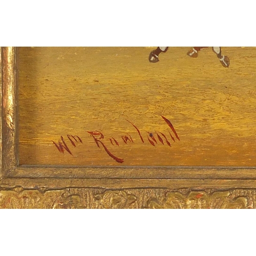 2365 - Figures and stagecoaches, pair of oil on boards, each bearing a signature Rowland, framed, each 26.5... 