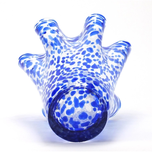 2282 - Large glass handkerchief vase with blue splatted decoration, 34cm high