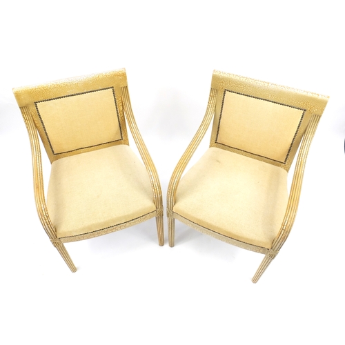 2057 - Pair of French style Shabby Chic open armchairs with beige upholstery, 91cm high