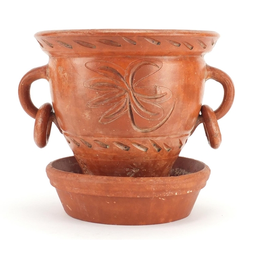 2141 - Roman style terracotta vase with ring handles, 27cm high