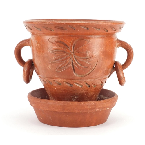 2141 - Roman style terracotta vase with ring handles, 27cm high
