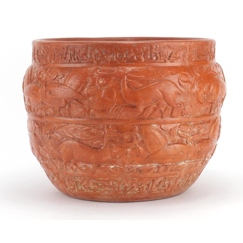 2144 - Roman style terracotta planter decorated in relief with wild animals and birds, 22cm high