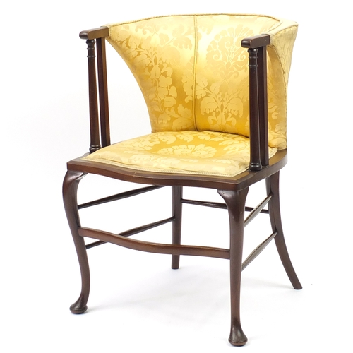 2115 - Edwardian mahogany tub chair with gold floral upholstery, 82cm high