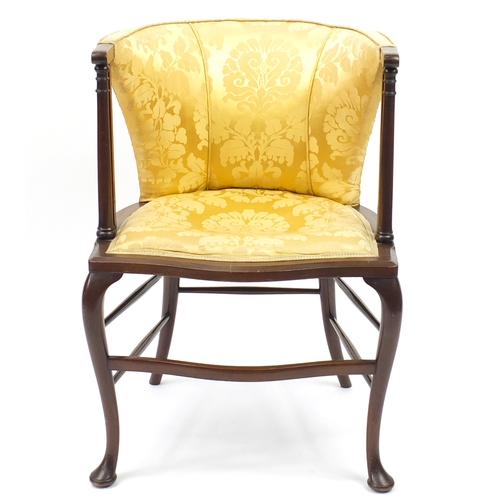 2115 - Edwardian mahogany tub chair with gold floral upholstery, 82cm high