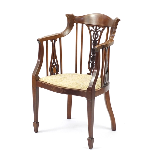 2083 - Edwardian inlaid mahogany tub chair with pierced back and floral upholstered seat, 92cm high
