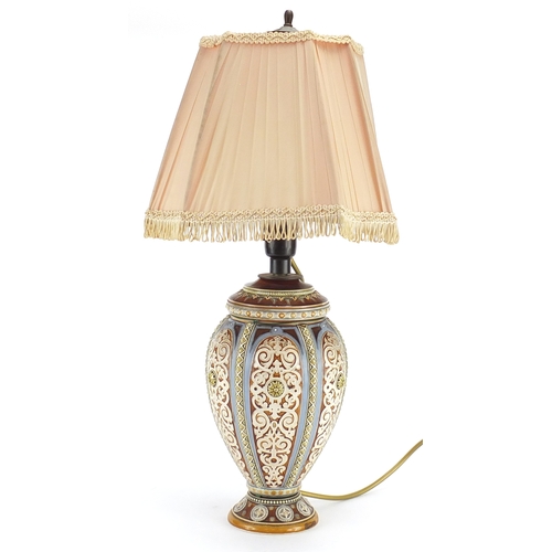 2181 - Mettlach pottery table lamp with shade, incised with stylised motifs, overall 50cm high