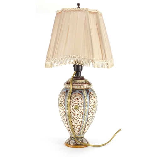 2181 - Mettlach pottery table lamp with shade, incised with stylised motifs, overall 50cm high