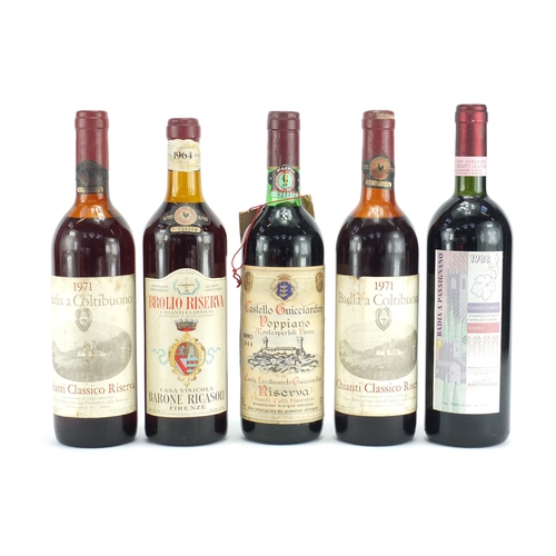 2215A - Five bottles of mature Chianto comprising a 1964 Barone Ricasoli Brolio Riserva, 1968 Castello Guicc... 