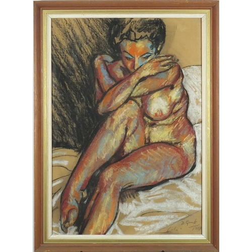 2185 - After Duncan Grant - Seated nude female, mixed media, framed, 62cm x 43cm