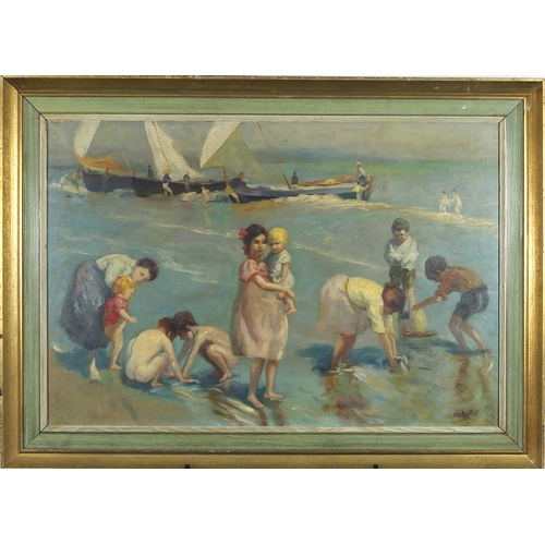2059 - Figures on the beach, French impressionist oil on board, bearing an indistinct signature possibly Ag... 