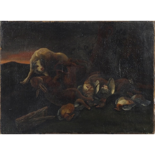 2366 - Dog with dead game, 18th century Dutch Old Master oil on canvas, unframed, 57cm x 40cm