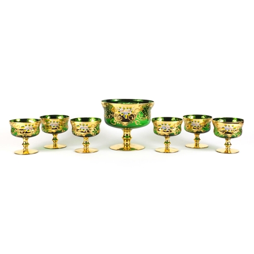 475 - Venetian green glass pedestal bowl and six goblets, each hand painted with flowers, the largest 16cm... 