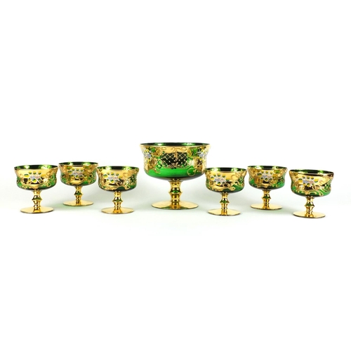 475 - Venetian green glass pedestal bowl and six goblets, each hand painted with flowers, the largest 16cm... 
