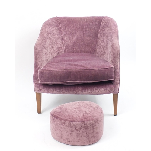 133 - Contemporary tub chair with purple upholstery raised on square tapering feet, 78cm high