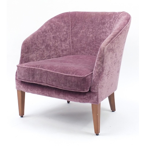 16 - Contemporary mahogany framed tub chair with purple upholstery raised on square tapering feet, 78cm h... 