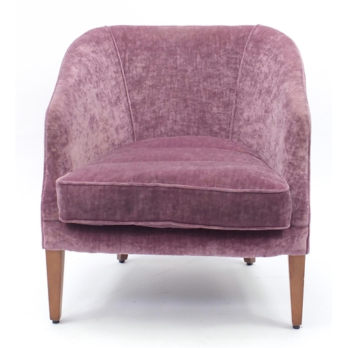 16 - Contemporary mahogany framed tub chair with purple upholstery raised on square tapering feet, 78cm h... 