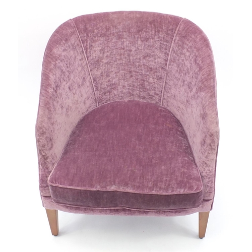 16 - Contemporary mahogany framed tub chair with purple upholstery raised on square tapering feet, 78cm h... 