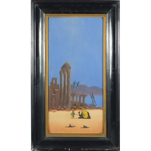 2319 - Figures with camels in deserts, pair of Eastern school gouaches, mounted and framed, 58cm x 27cm