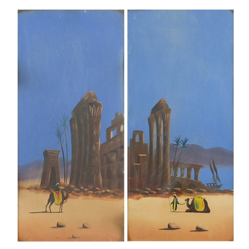 2319 - Figures with camels in deserts, pair of Eastern school gouaches, mounted and framed, 58cm x 27cm