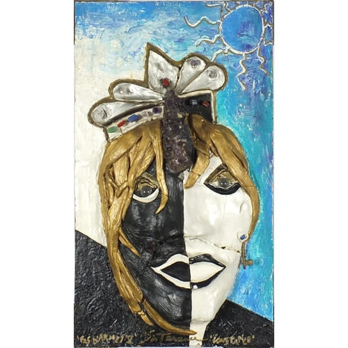 345 - Surreal collage face mask by Sir Terance-Constance, set with semi precious stones including amethyst... 