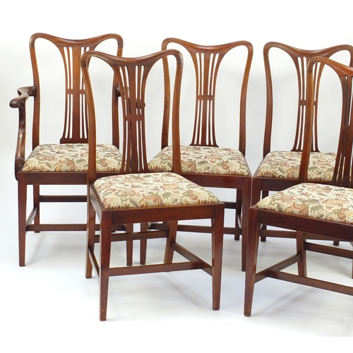 119 - Reproduction inlaid mahogany extending dining table with six chairs including two carvers, can be us... 