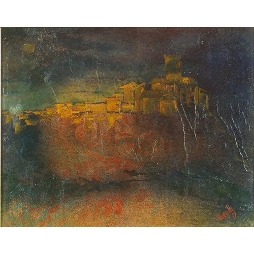 77 - Moonlit buildings on a hillside, oil on canvas, bearing a signature possibly Alargiths, mounted and ... 