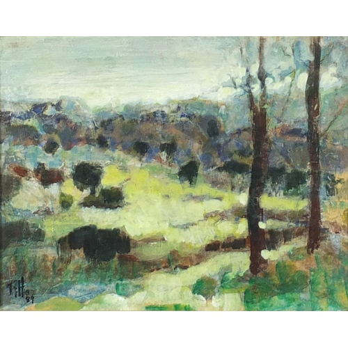 283 - Mary Herdman - The Downs landscape view, oil on board, framed, 25cm x 20cm