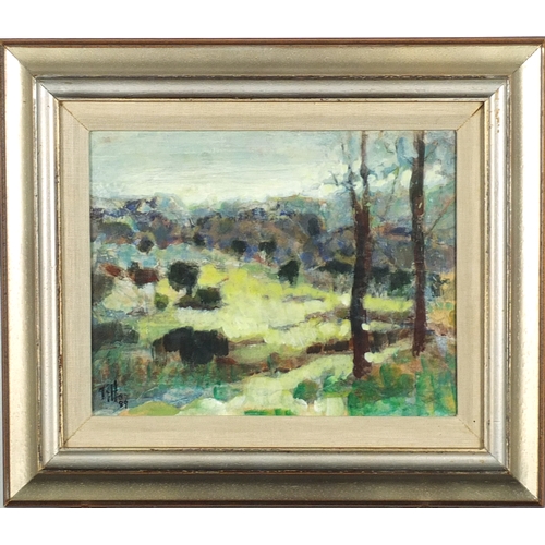 283 - Mary Herdman - The Downs landscape view, oil on board, framed, 25cm x 20cm