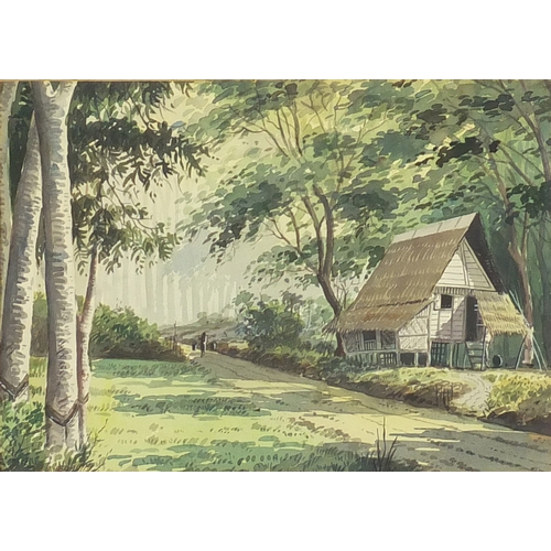 46 - A B Ibrahim - Malayan cottage in woodland, watercolour, mounted and framed, 36cm x 26cm