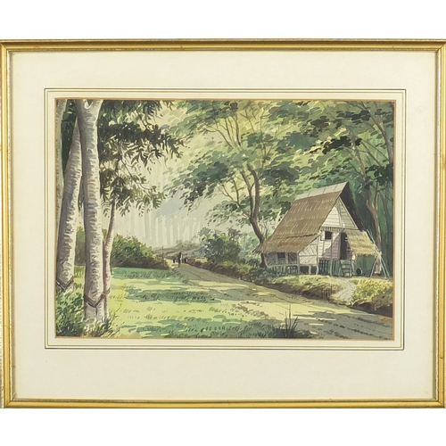 46 - A B Ibrahim - Malayan cottage in woodland, watercolour, mounted and framed, 36cm x 26cm