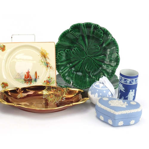 837 - China and glassware including a Carlton Ware Rouge Royale dish, Belleek vase, Majolica plates, Wedgw... 
