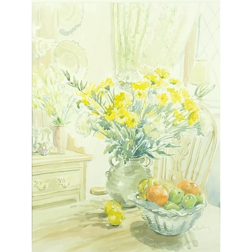 257 - Sue Bailey - Still life flowers in a vase and fruit, mounted and framed, 63cm x 48cm