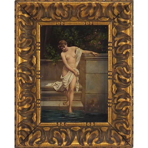 277 - Nude female bathing, picture on board, framed, 15cm x 10cm